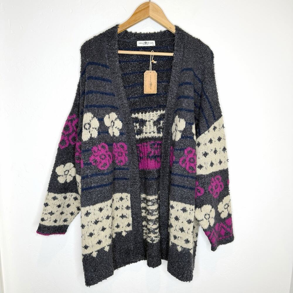 Natural Life Calla Jacquard Cardigan Sweater Charcoal Womens L/XL Large XL Open